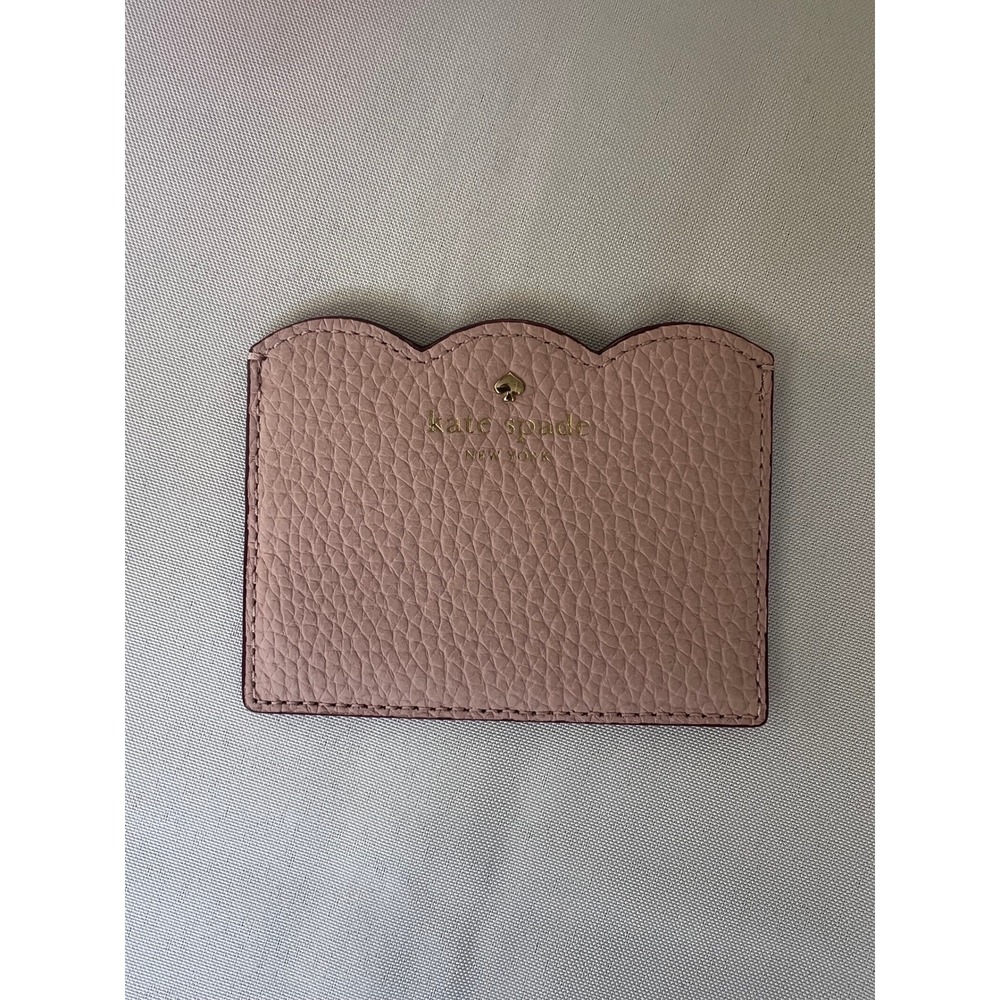 Kate Spade New York Scalloped Pebbled Leather Card Holder Pink Blush Gold Logo